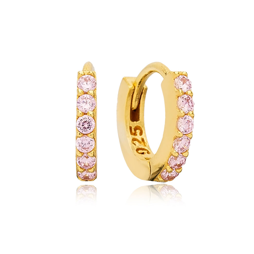 Pink Zircon Stone 11 mm Hoop Earrings Handcrafted Turkish Wholesale 925 Sterling Silver Jewelry