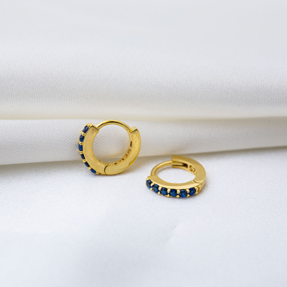 Sapphire Stone 11 mm Hoop Earrings Handcrafted Turkish Wholesale 925 Sterling Silver Jewelry