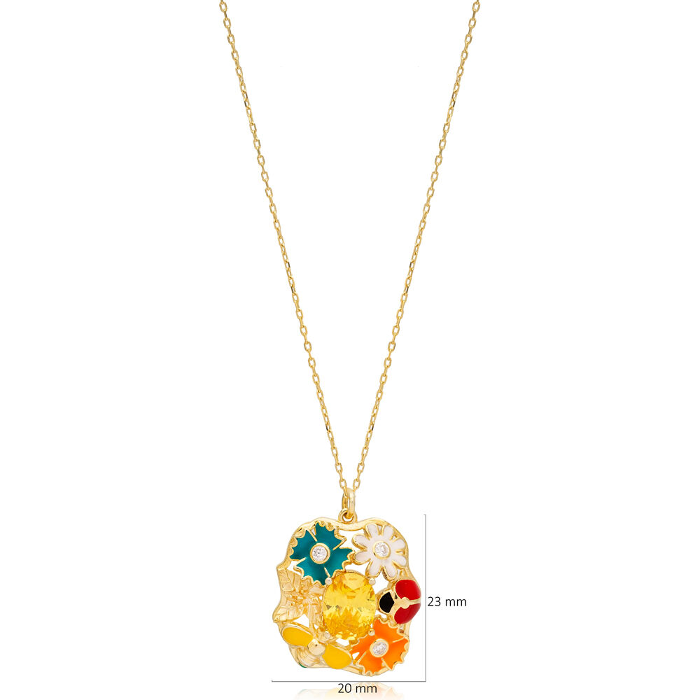 Multicolor Enamel Citrine Stone Flower Butterfly Ladybug Design Charm Pendant Necklace Wholesale Turkish 925 Sterling Silver Jewelry