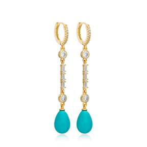 Turquoise Mallorca Pearl Drop Shape Charm Dangle Long Earrings Turkish Wholesale 925 Sterling Silver Jewelry