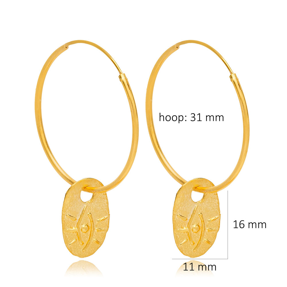 31 mm Hoop Earring Plain Charm Eye Shape 22K Gold Plated 925 Sterling Silver Jewelry