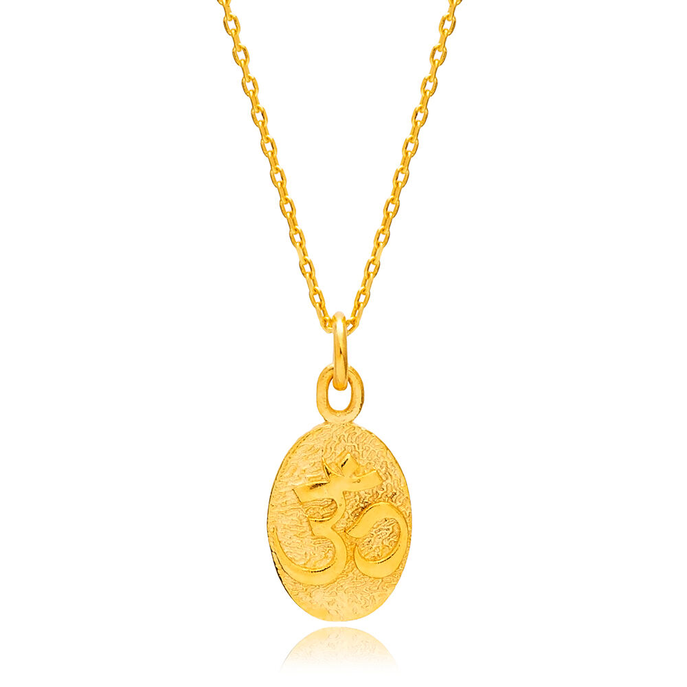 OM Symbol 22K Gold Plated Oval Plain Charm Necklace Pendant 925 Sterling Silver Jewelry