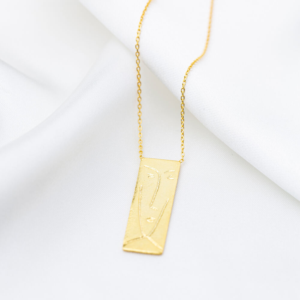 Unique Face Rectangle Design 22K Gold Plated Charm Necklace Pendant 925 Sterling Silver Jewelry