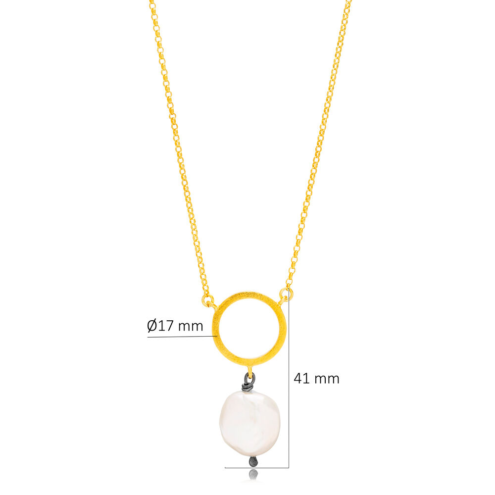 Round Hollow Design Pearl Charm Necklace Pendant 22K Gold Plated 925 Sterling Silver Jewelry