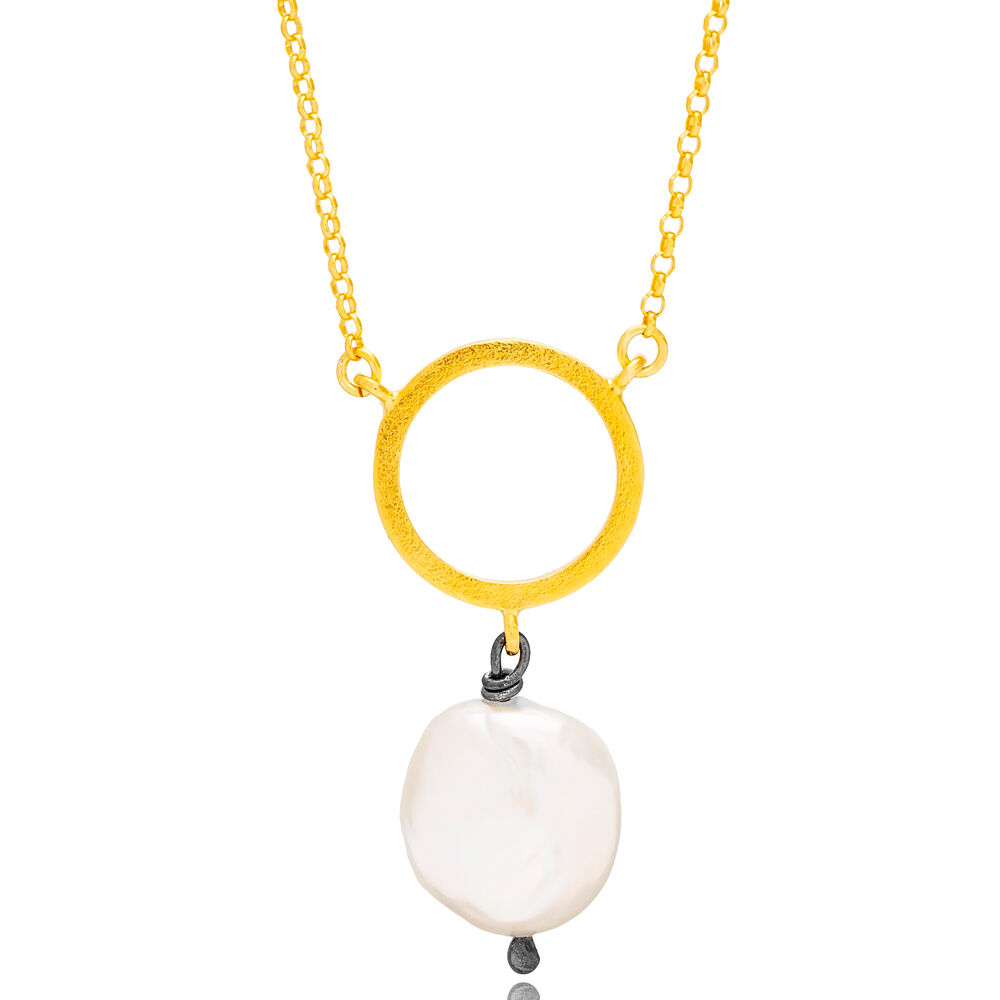 Round Hollow Design Pearl Charm Necklace Pendant 22K Gold Plated 925 Sterling Silver Jewelry