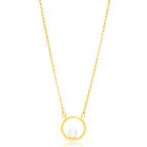 Pearl Round Hollow Design Charm Necklace Pendant 22K Gold Plated 925 Sterling Silver Jewelry