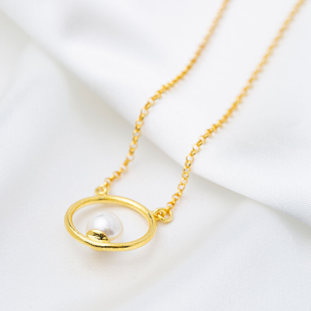 Pearl Round Hollow Design Charm Necklace Pendant 22K Gold Plated 925 Sterling Silver Jewelry