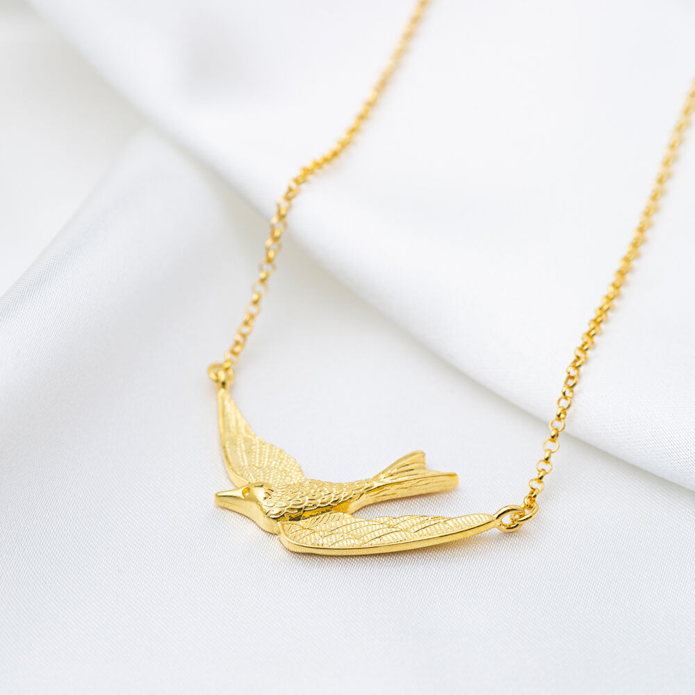 Swallow Design Cute Charm Necklace Pendant 22K Gold Plated 925 Sterling Silver Jewelry
