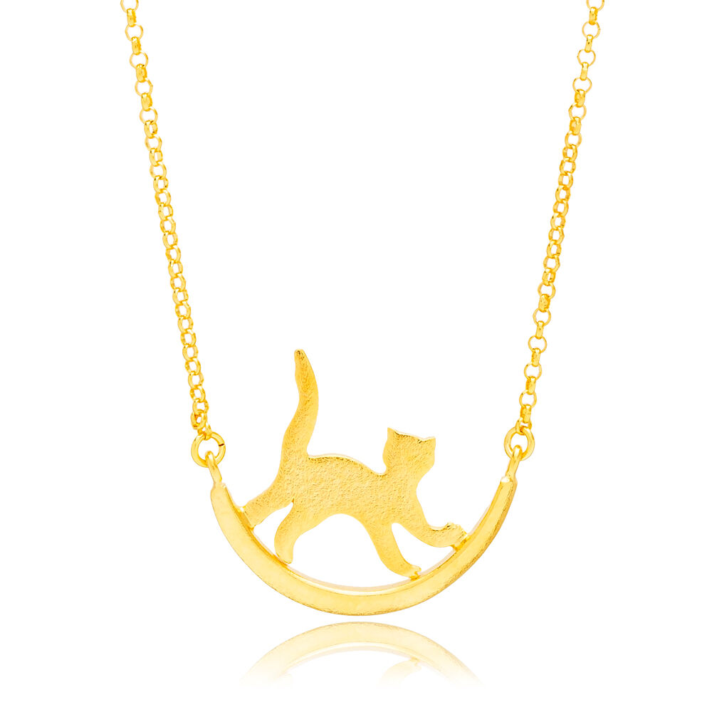 Cat Design Cute Charm Necklace Pendant 22K Gold Plated 925 Sterling Silver Jewelry