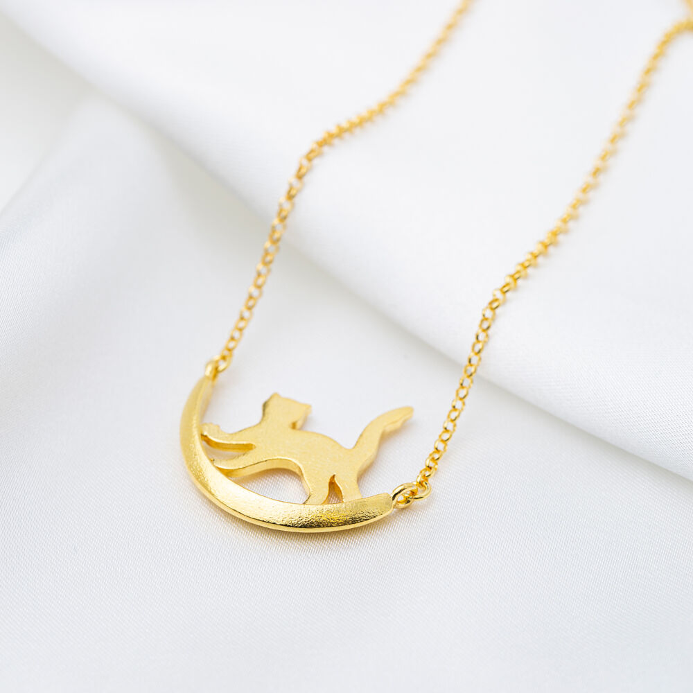Cat Design Cute Charm Necklace Pendant 22K Gold Plated 925 Sterling Silver Jewelry