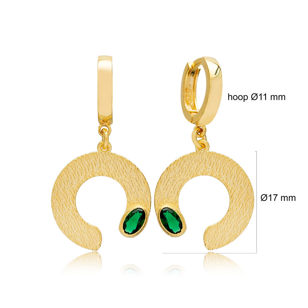 New Fashion Elegant Half Circle Shape Emerald Stone Dangle Earrings 925 Sterling Silver Textured Jewelry