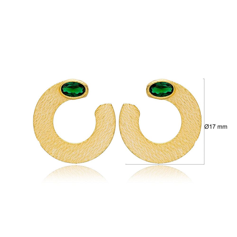 Stylish Half Circle Shape Emerald Stone Stud Earrings Turkish 925 Sterling Silver Textured Jewelry