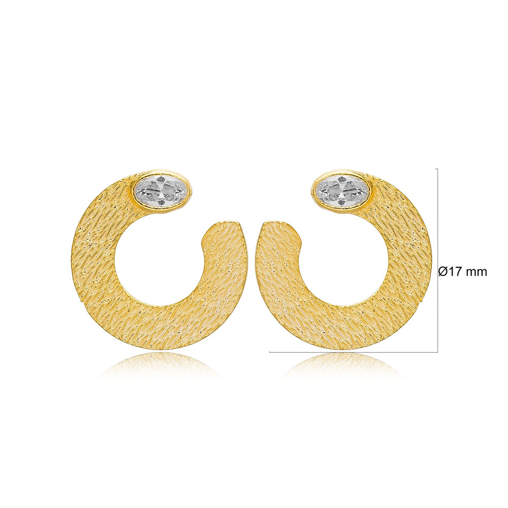 Trendy Half Circle Shape Clear Zircon Stone Stud Earrings 925 Sterling Silver Textured Jewelry
