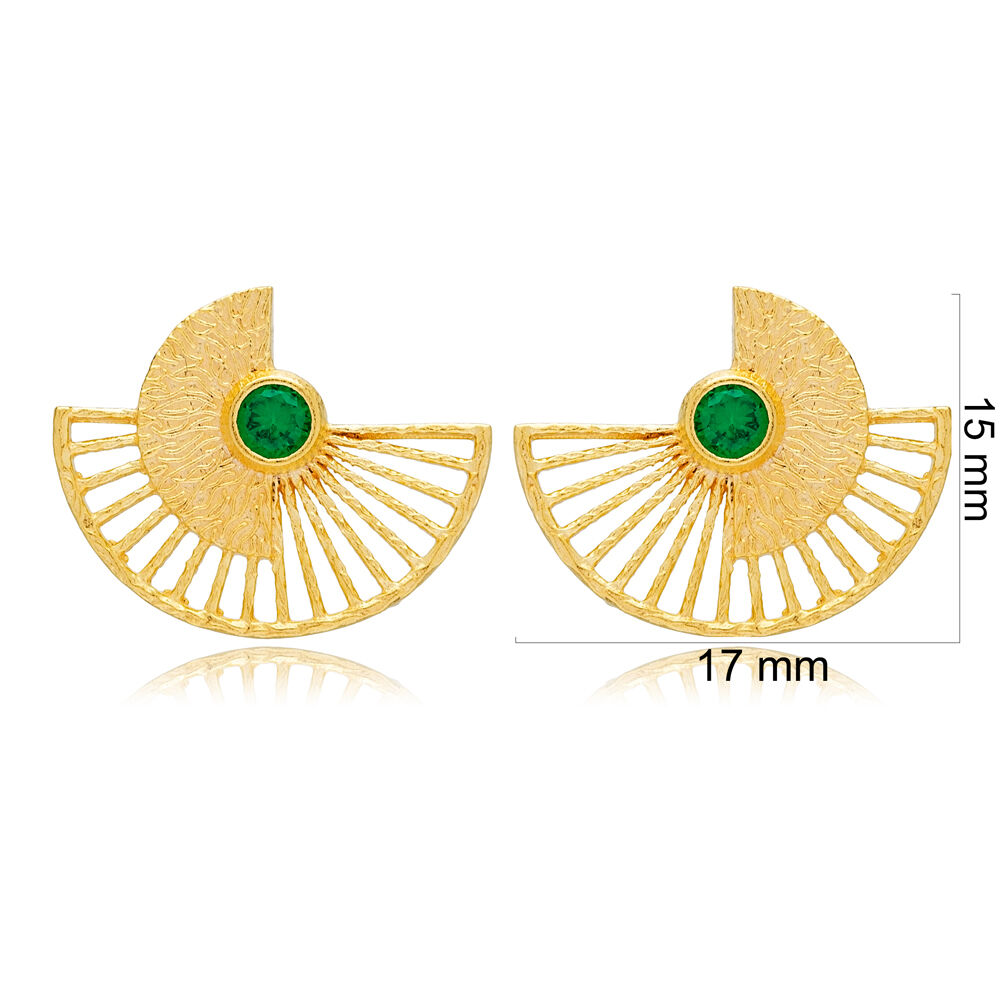 Emerald Round Shape Stone Unique Fan Shaped Stud Earrings Turkish Handmade 925 Sterling Silver Jewelry