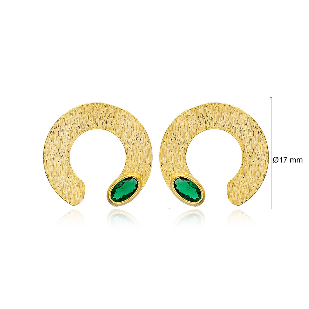 New Trendy Half Circle Shape Emerald Stone Stud Earrings Turkish Wholesale 925 Sterling Textured Jewelry