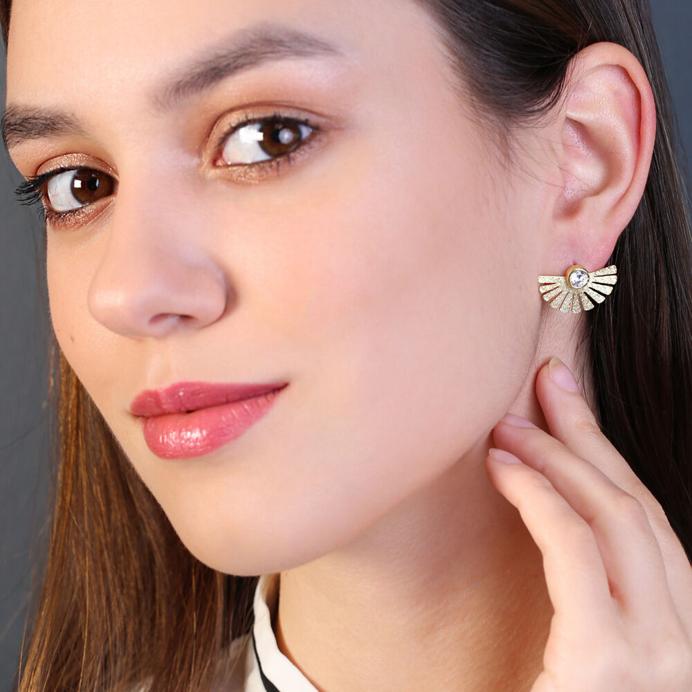 Minimalist Fan Shaped Dainty Stud Earrings Shiny Clear Zircon Stone Handmade 925 Sterling Silver Jewelry