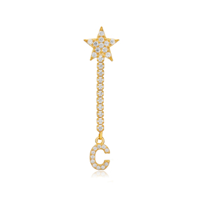 Dainty Single Stud Long Earring Star and Initial C Letter Design 925 Sterling Silver Jewelry
