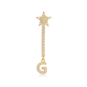 Dainty Single Stud Long Earring Star and Initial G Letter Design 925 Sterling Silver Jewelry