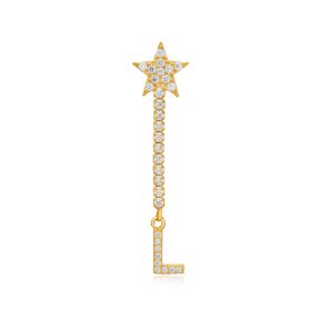 Dainty Single Stud Long Earring Star and Initial L Letter Design 925 Sterling Silver Jewelry