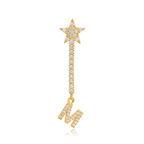 Dainty Single Stud Long Earring Star and Initial M Letter Design 925 Sterling Silver Jewelry