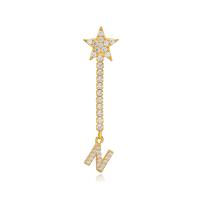 Dainty Single Stud Long Earring Star and Initial N Letter Design 925 Sterling Silver Jewelry