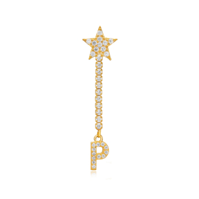 Dainty Single Stud Long Earring Star and Initial P Letter Design 925 Sterling Silver Jewelry
