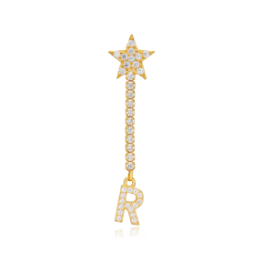 Dainty Single Stud Long Earring Star and Initial R Letter Design 925 Sterling Silver Jewelry