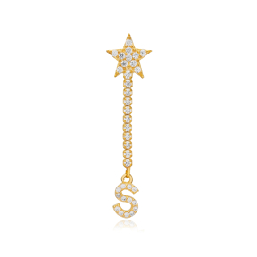 Dainty Single Stud Long Earring Star and Initial S Letter Design 925 Sterling Silver Jewelry
