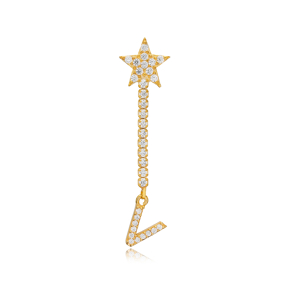 Dainty Single Stud Long Earring Star and Initial V Letter Design 925 Sterling Silver Jewelry