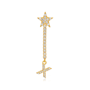 Dainty Single Stud Long Earring Star and Initial X Letter Design 925 Sterling Silver Jewelry