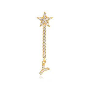 Dainty Single Stud Long Earring Star and Initial Y Letter Design 925 Sterling Silver Jewelry