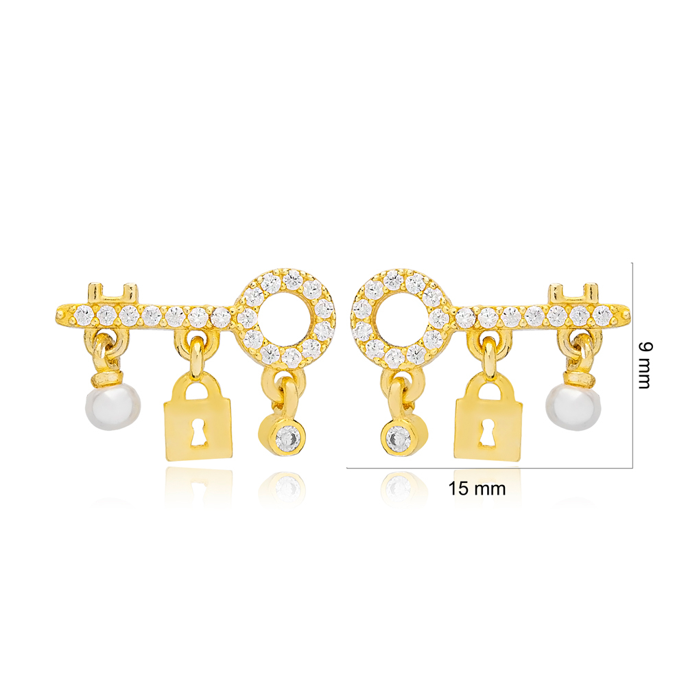 Key and Lock Design Stud Earrings Wholesale Turkish Sterling Silver Jewelry