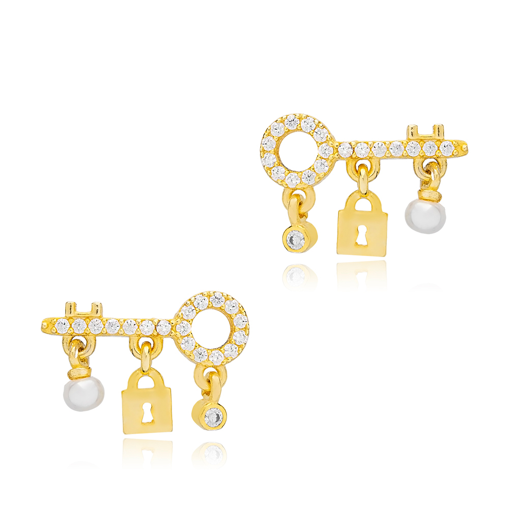 Key and Lock Design Stud Earrings Wholesale Turkish Sterling Silver Jewelry