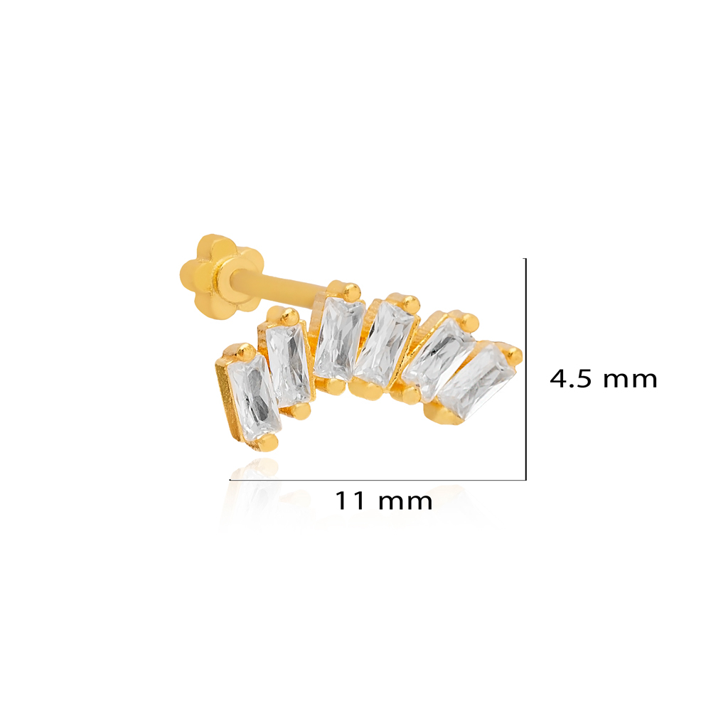 Dainty Baguette Clear Zircon Stone Single Piercing Turkish 925 Sterling Silver Jewelry