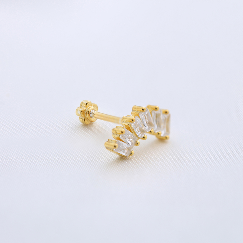 Dainty Baguette Clear Zircon Stone Single Piercing Turkish 925 Sterling Silver Jewelry