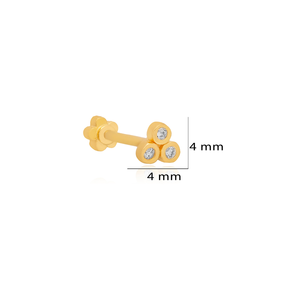 Tiny Three Clear Zircon Stone Single Piercing Turkish Handmade 925 Sterling Silver Jewelry