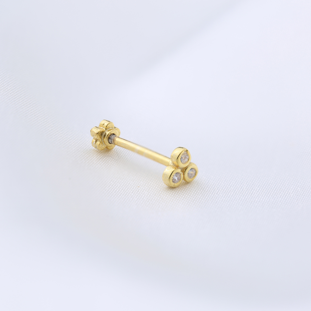 Tiny Three Clear Zircon Stone Single Piercing Turkish Handmade 925 Sterling Silver Jewelry