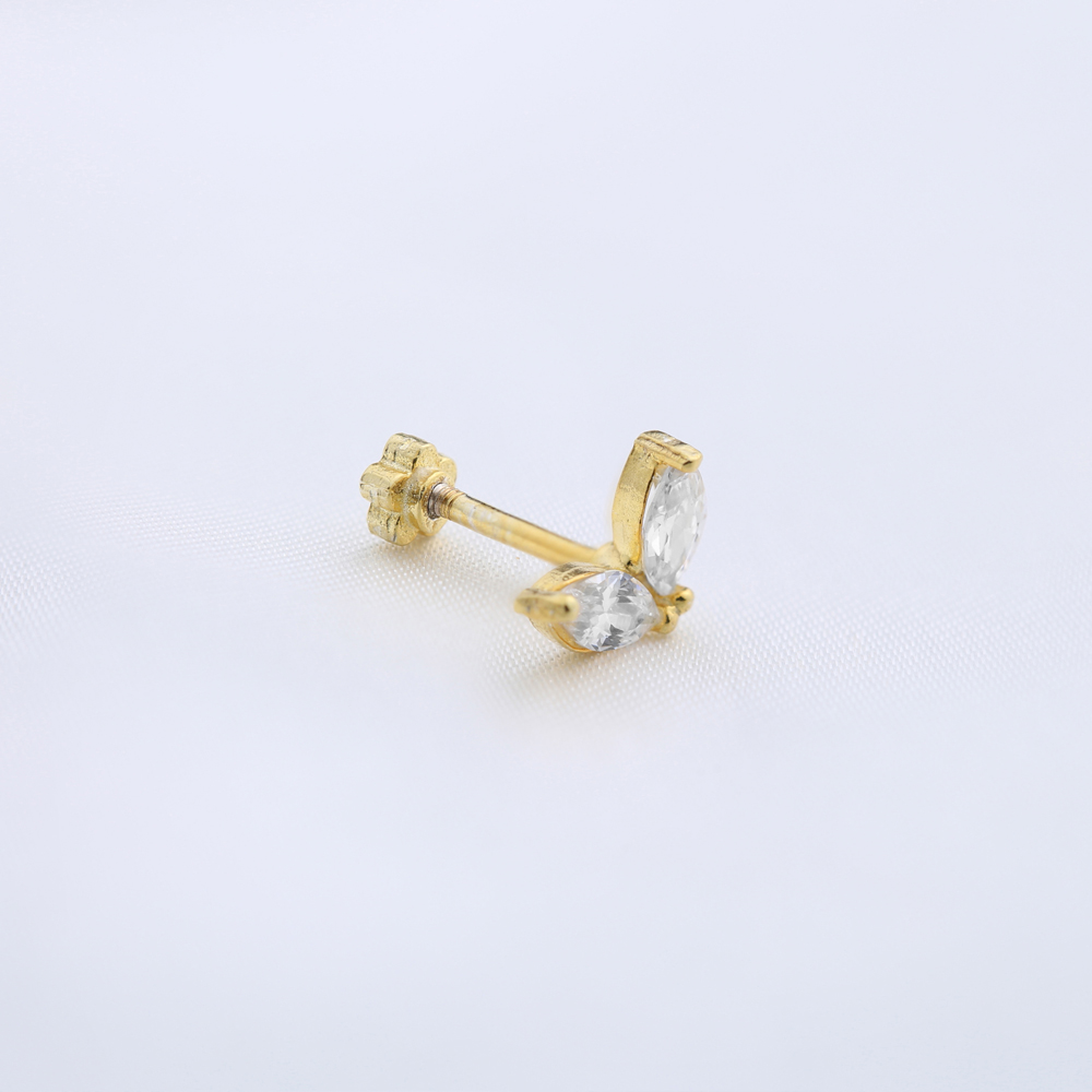 Marquoise Cut Clear Zircon Stone Single Piercing Turkish 925 Sterling Silver Jewelry