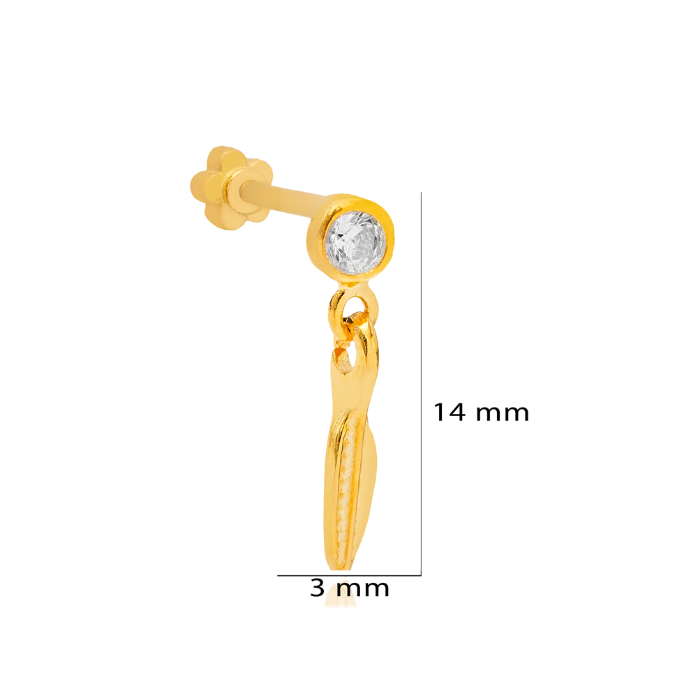 Tiny Leaf Design Zircon Stone Single Piercing Turkish Wholesale 925 Sterling Silver Jewelry