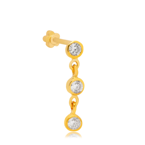 Three Clear Zircon Stone Single Piercing Turkish Wholesale 925 Sterling Silver Jewelry