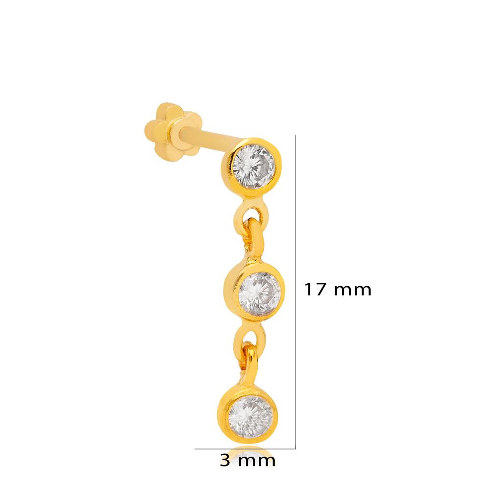Three Clear Zircon Stone Single Piercing Turkish Wholesale 925 Sterling Silver Jewelry