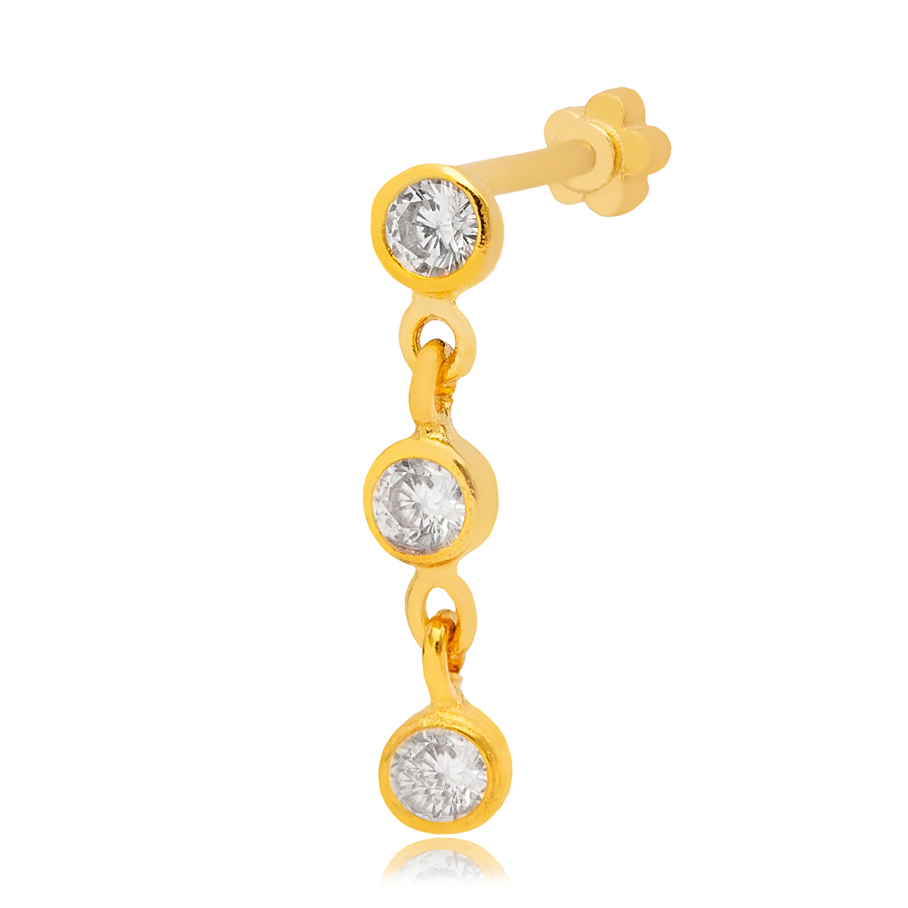 Three Clear Zircon Stone Single Piercing Turkish Wholesale 925 Sterling Silver Jewelry