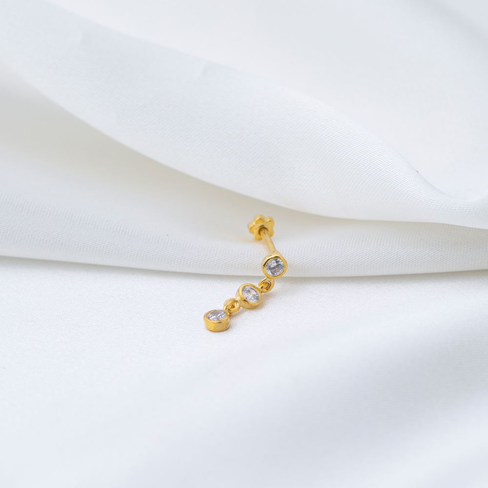 Three Clear Zircon Stone Single Piercing Turkish Wholesale 925 Sterling Silver Jewelry