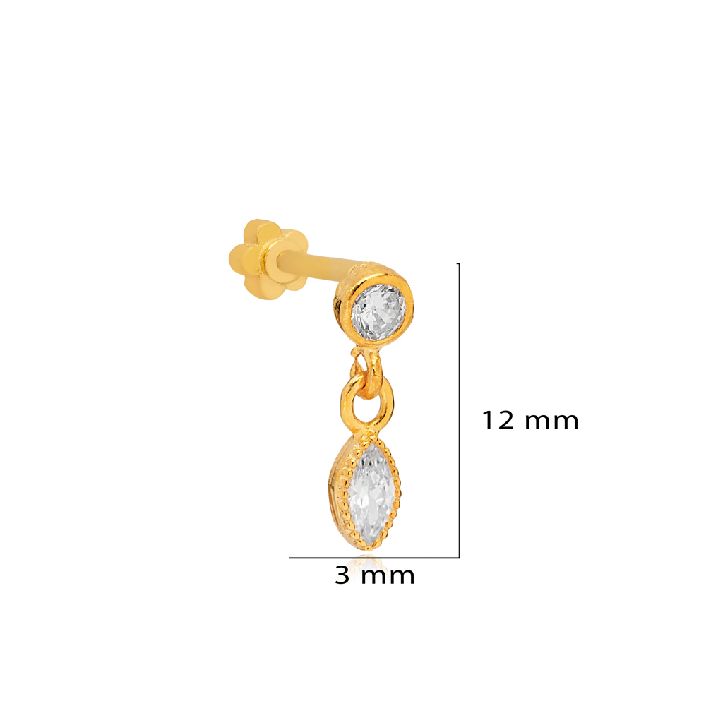 Marquise Clear Zircon Stone Single Piercing Wholesale Handmade Turkish 925 Sterling Silver Jewelry