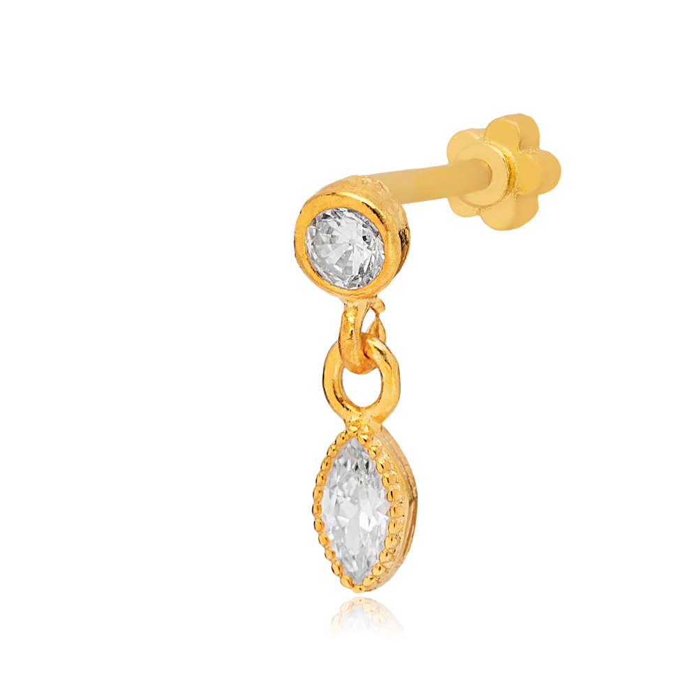 Marquise Clear Zircon Stone Single Piercing Wholesale Handmade Turkish 925 Sterling Silver Jewelry