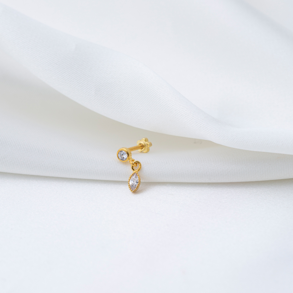 Marquise Clear Zircon Stone Single Piercing Wholesale Handmade Turkish 925 Sterling Silver Jewelry
