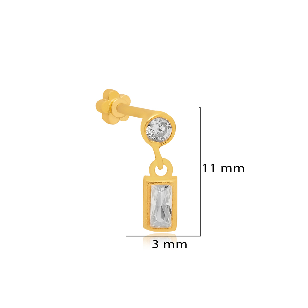 Rectangle Clear Zircon Stone Single Piercing Wholesale Handmade Turkish 925 Sterling Silver Jewelry