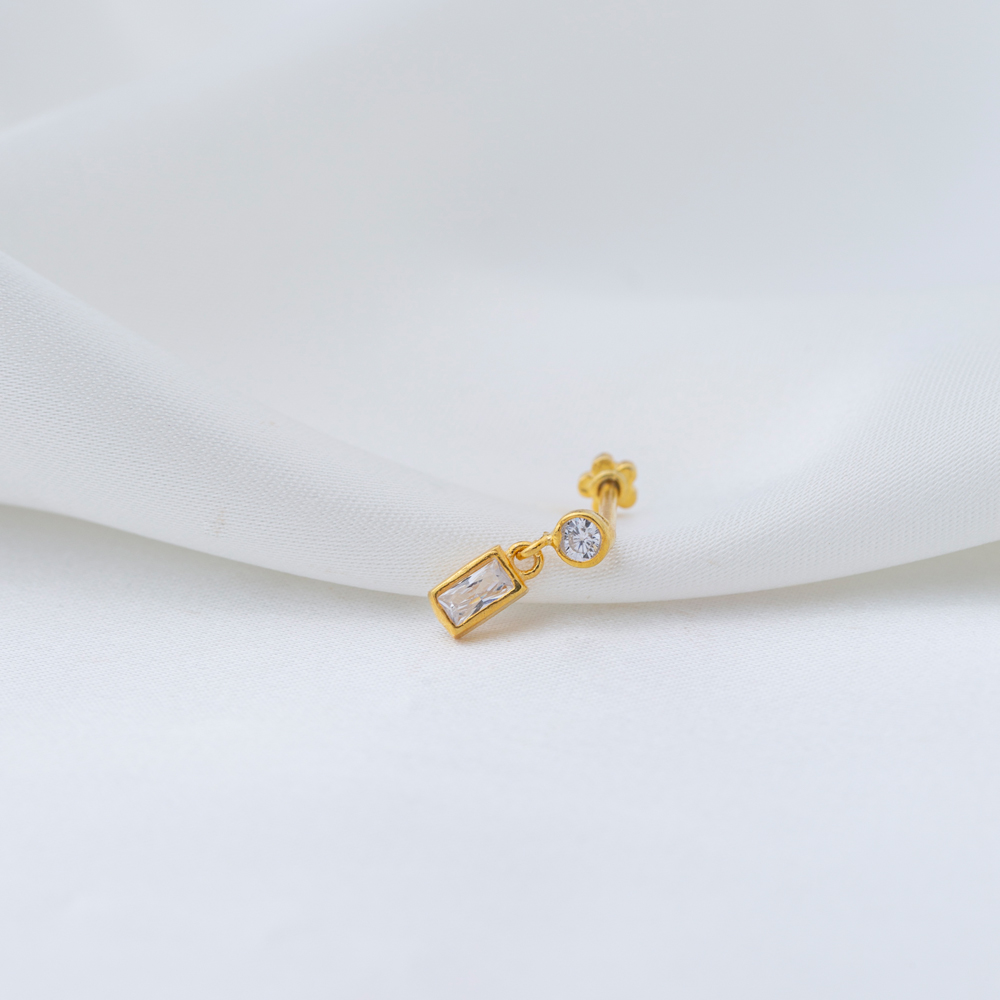 Rectangle Clear Zircon Stone Single Piercing Wholesale Handmade Turkish 925 Sterling Silver Jewelry