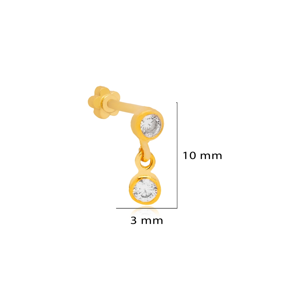Round CZ Stone Single Piercing Wholesale Handmade Turkish 925 Sterling Silver Jewelry