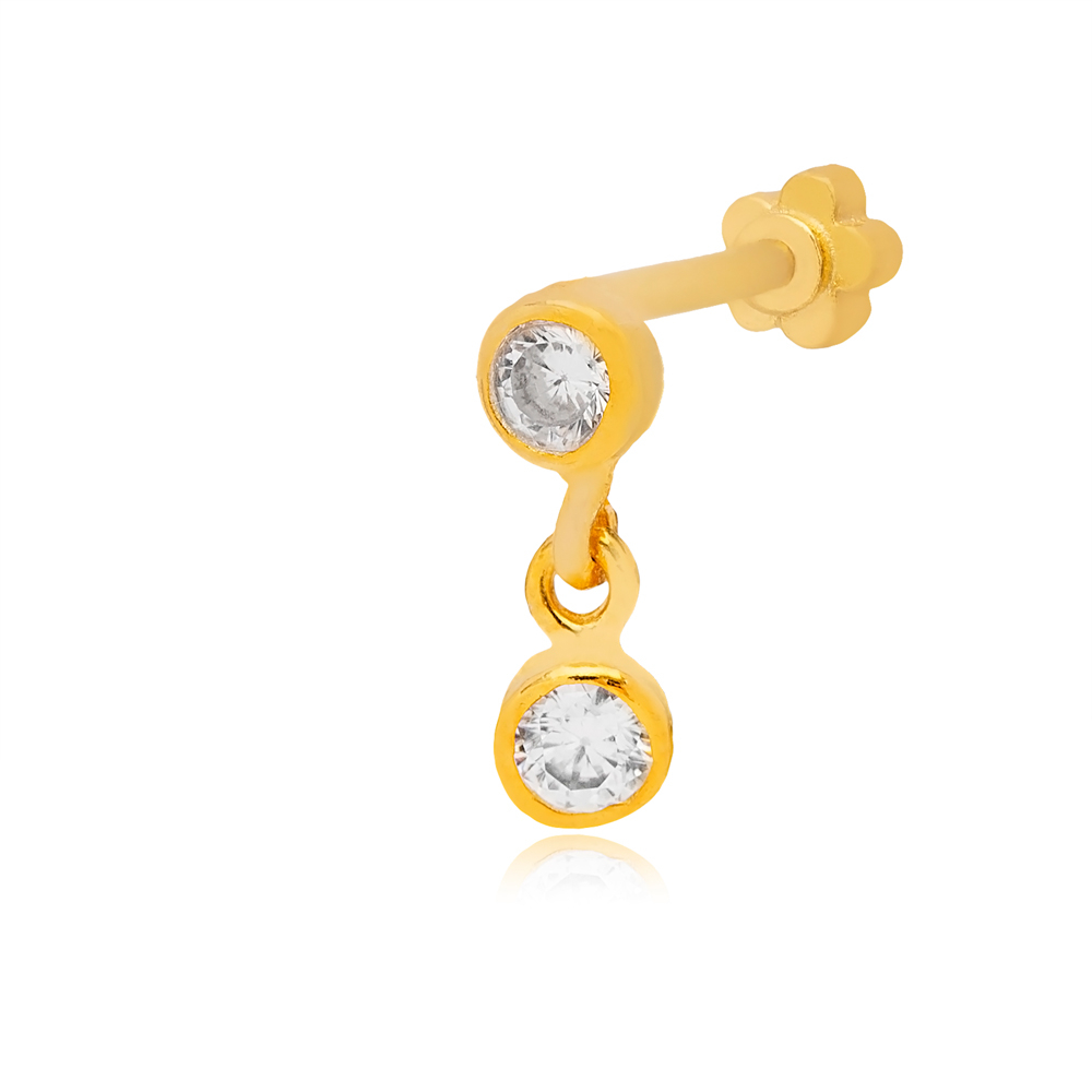 Round CZ Stone Single Piercing Wholesale Handmade Turkish 925 Sterling Silver Jewelry